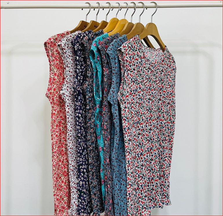 Floral Pleats Sleeveless Top & Shorts Set – Cooling Fabric 여름준비하세요 꽃플리츠 냉장고 나시 상하세트