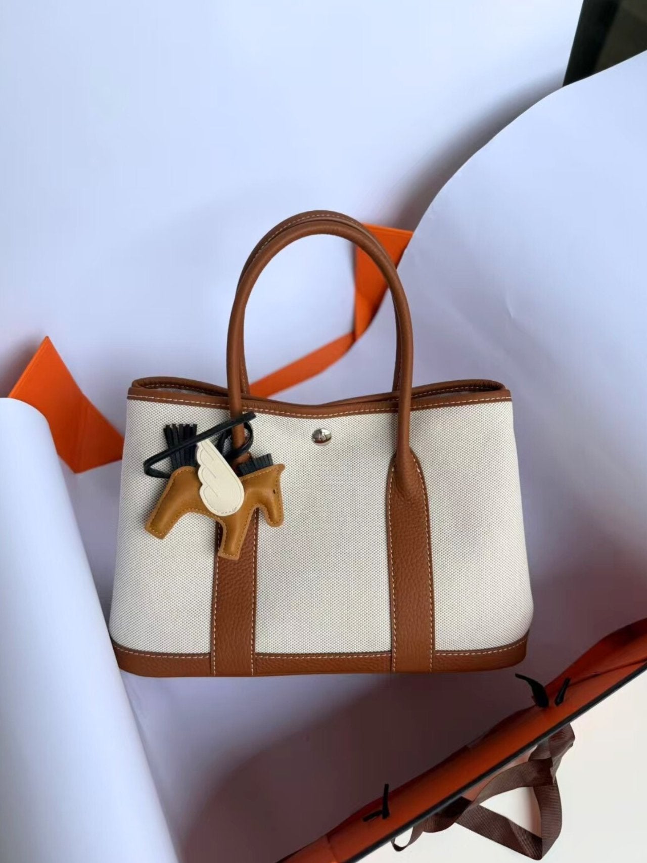 Togo Leather & Canvas Tote Bag Medium | Garden Style Shoulder Bag with Strap | Luxury Everyday Tote 30