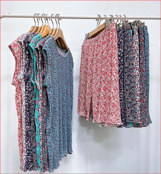 Floral Pleats Sleeveless Top & Shorts Set – Cooling Fabric 여름준비하세요 꽃플리츠 냉장고 나시 상하세트