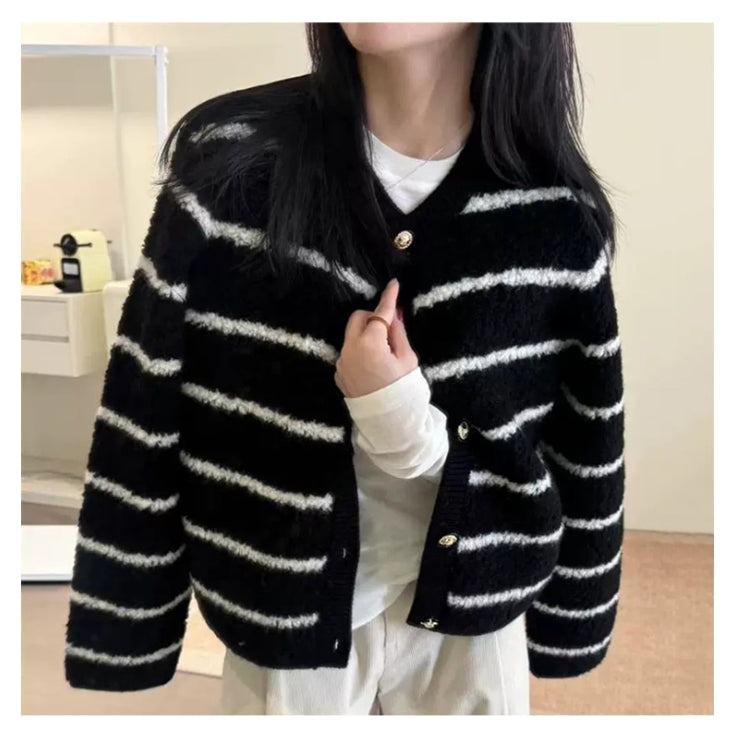 부클믹스가디건 (블랙,아이보 스트라이프)