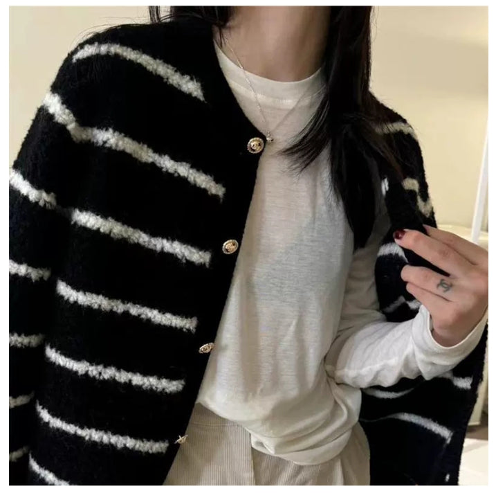 부클믹스가디건 (블랙,아이보 스트라이프)
