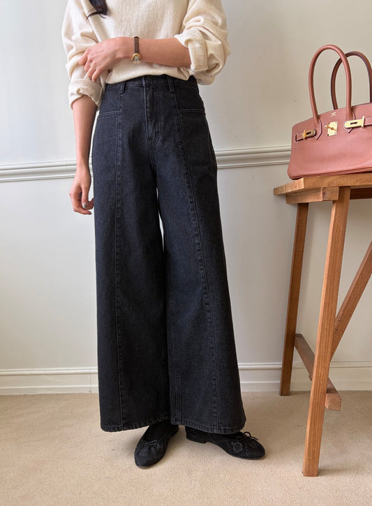 럭키룸 기모롱 앞절개 흑청데님