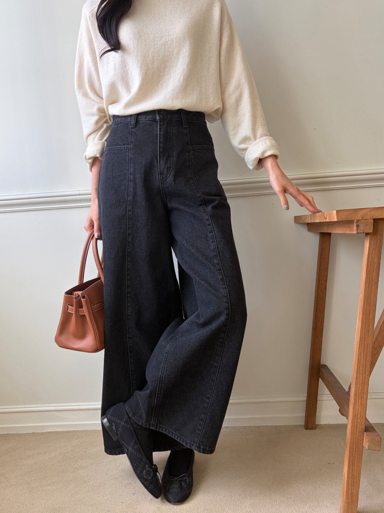 럭키룸 기모롱 앞절개 흑청데님