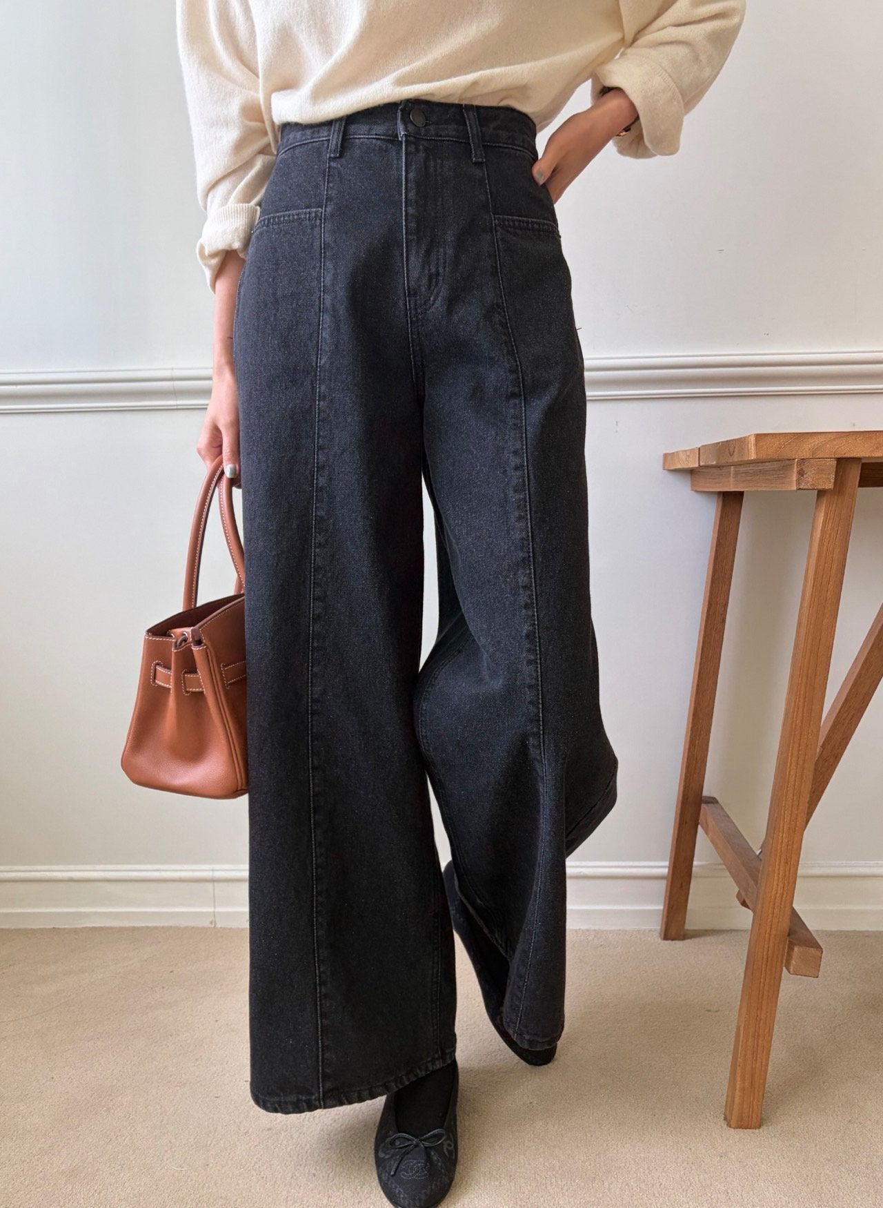 럭키룸 기모롱 앞절개 흑청데님