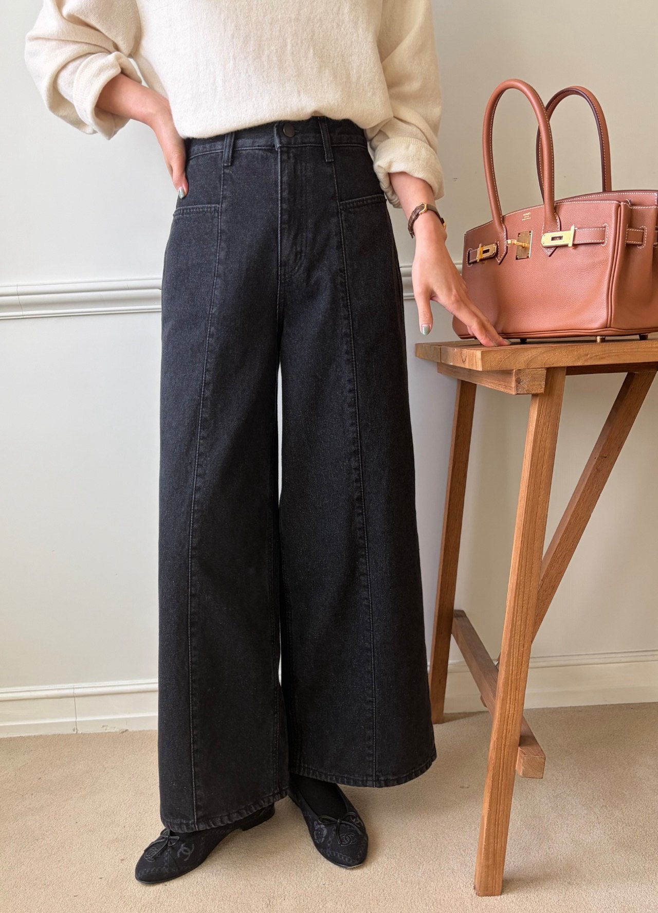 럭키룸 기모롱 앞절개 흑청데님