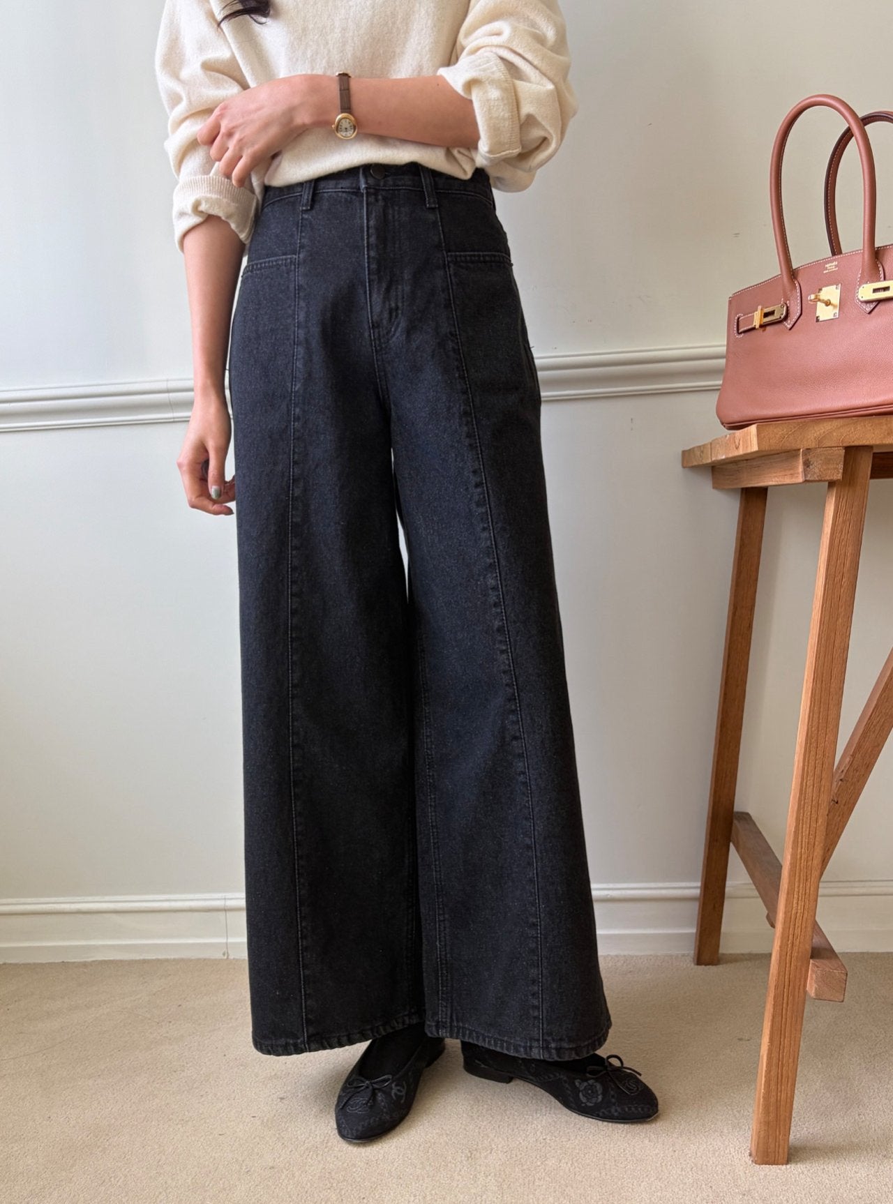 럭키룸 기모롱 앞절개 흑청데님