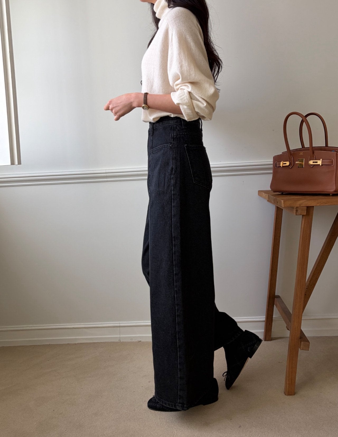 럭키룸 기모롱 앞절개 흑청데님