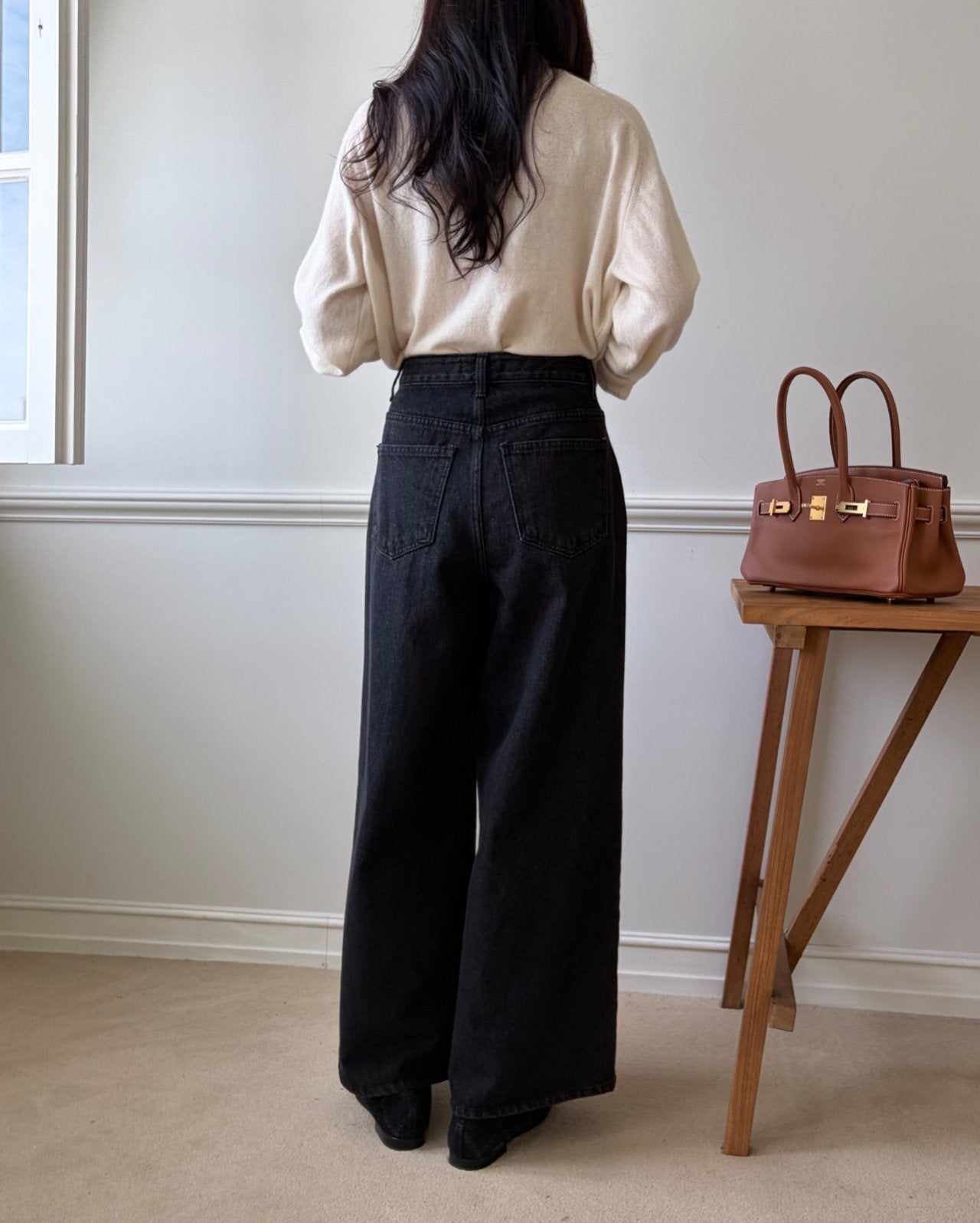 럭키룸 기모롱 앞절개 흑청데님