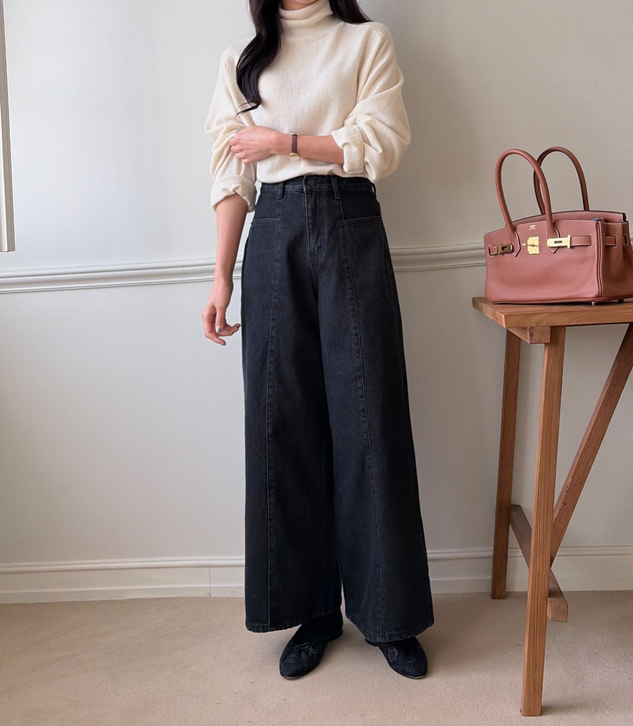 럭키룸 기모롱 앞절개 흑청데님