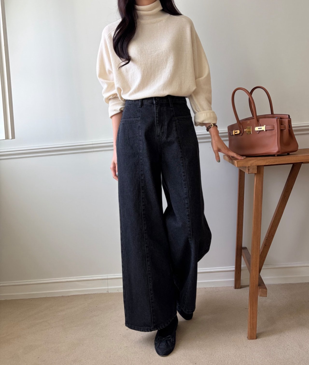 럭키룸 기모롱 앞절개 흑청데님