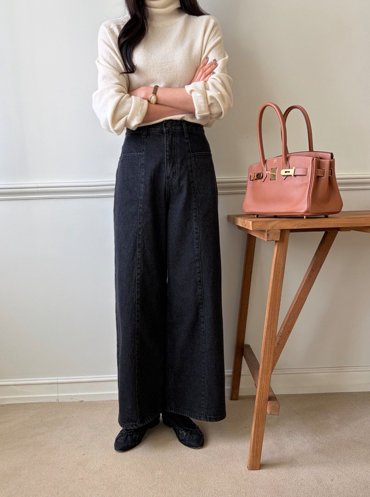 럭키룸 기모롱 앞절개 흑청데님