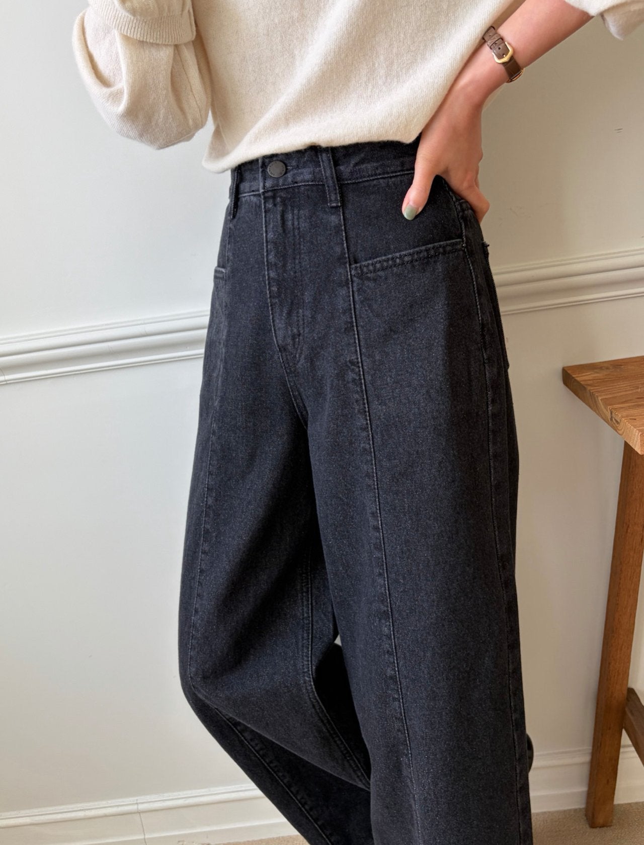 럭키룸 기모롱 앞절개 흑청데님