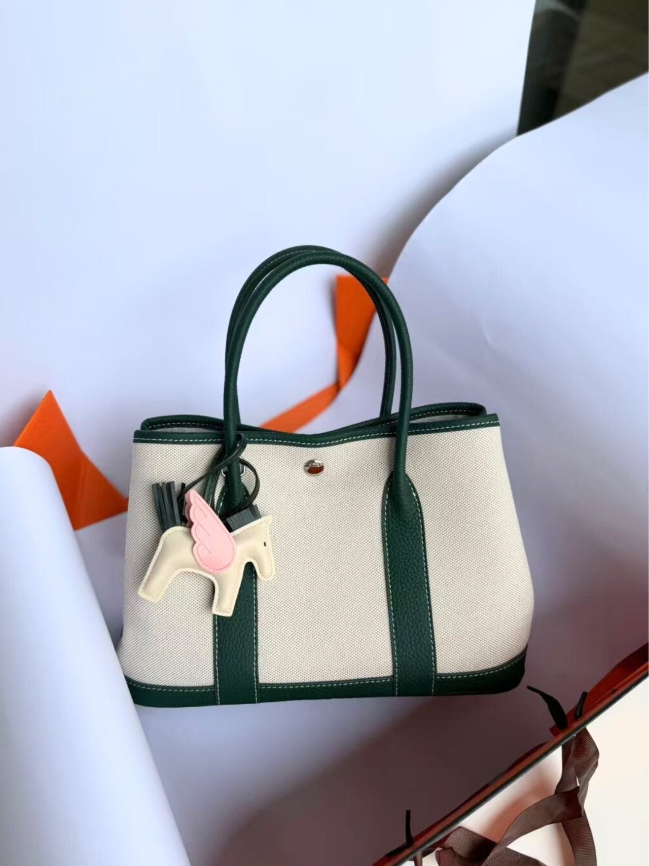 Togo Leather & Canvas Tote Bag Medium | Garden Style Shoulder Bag with Strap | Luxury Everyday Tote 30