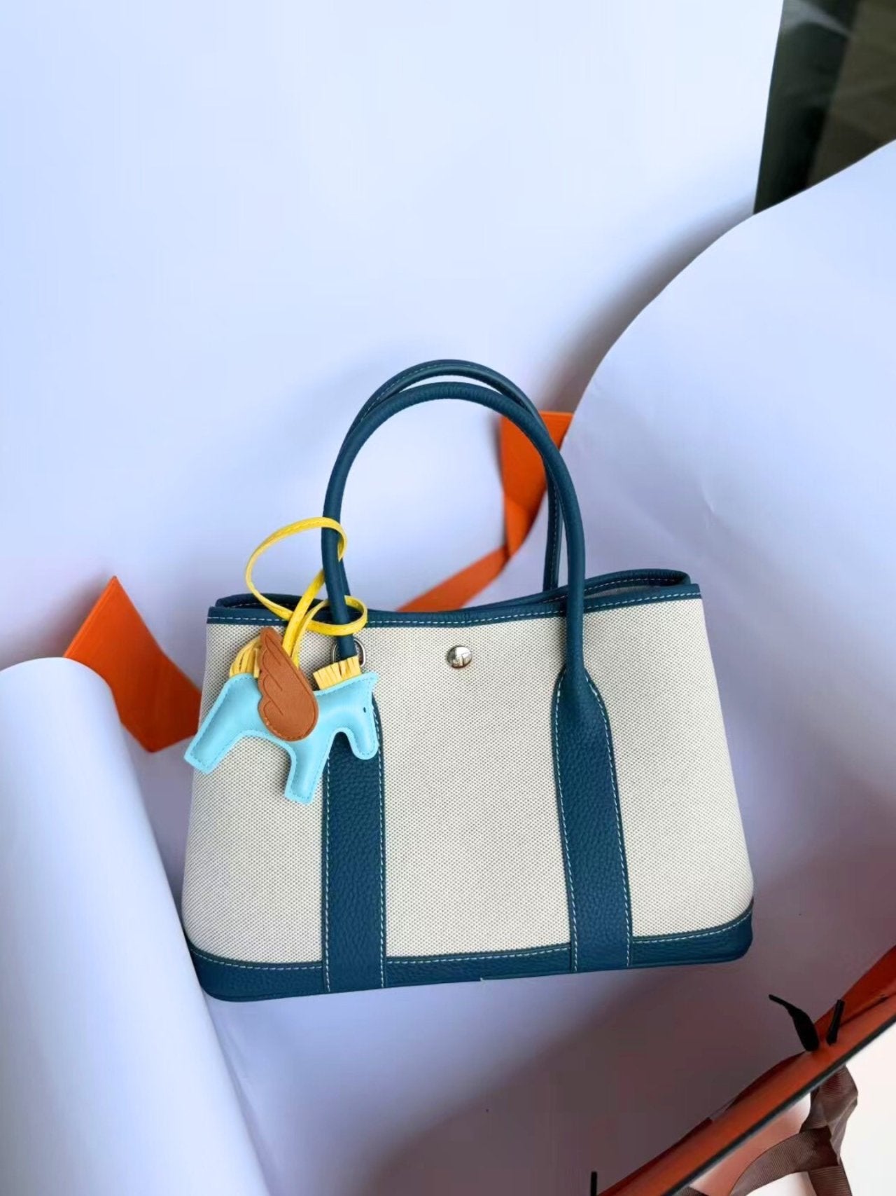 Togo Leather & Canvas Tote Bag Medium | Garden Style Shoulder Bag with Strap | Luxury Everyday Tote 30