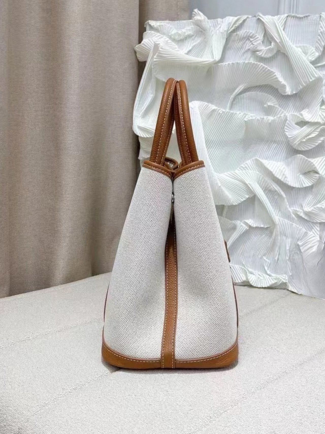 Togo Leather & Canvas Tote Bag Medium | Garden Style Shoulder Bag with Strap | Luxury Everyday Tote 30