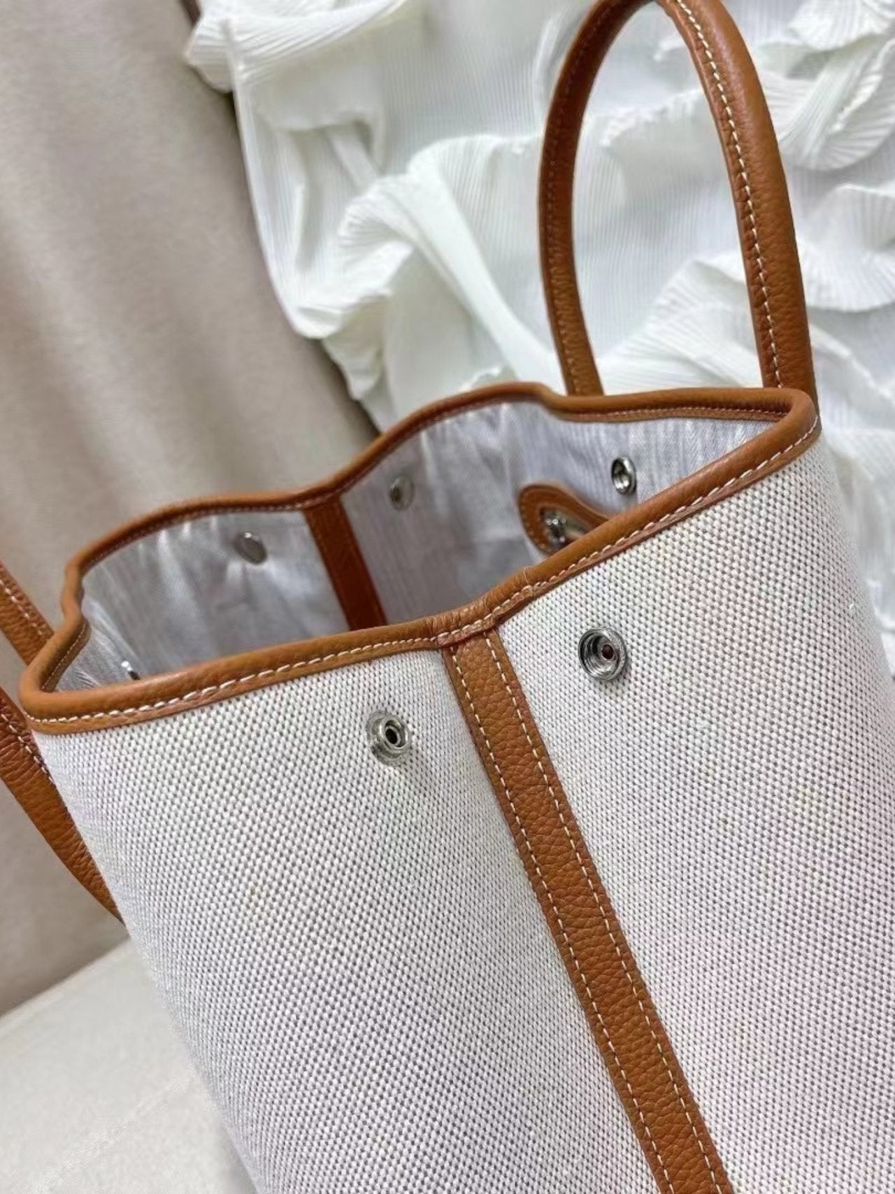 Togo Leather & Canvas Tote Bag Medium | Garden Style Shoulder Bag with Strap | Luxury Everyday Tote 30
