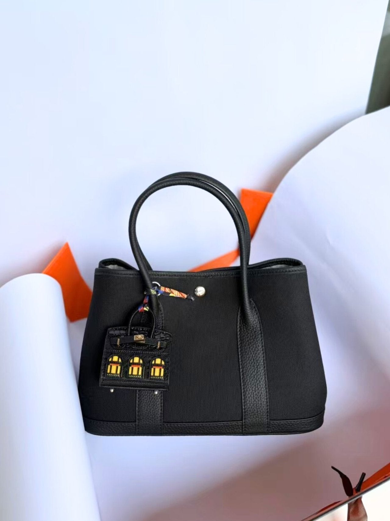 Togo Leather & Canvas Tote Bag Medium | Garden Style Shoulder Bag with Strap | Luxury Everyday Tote 30