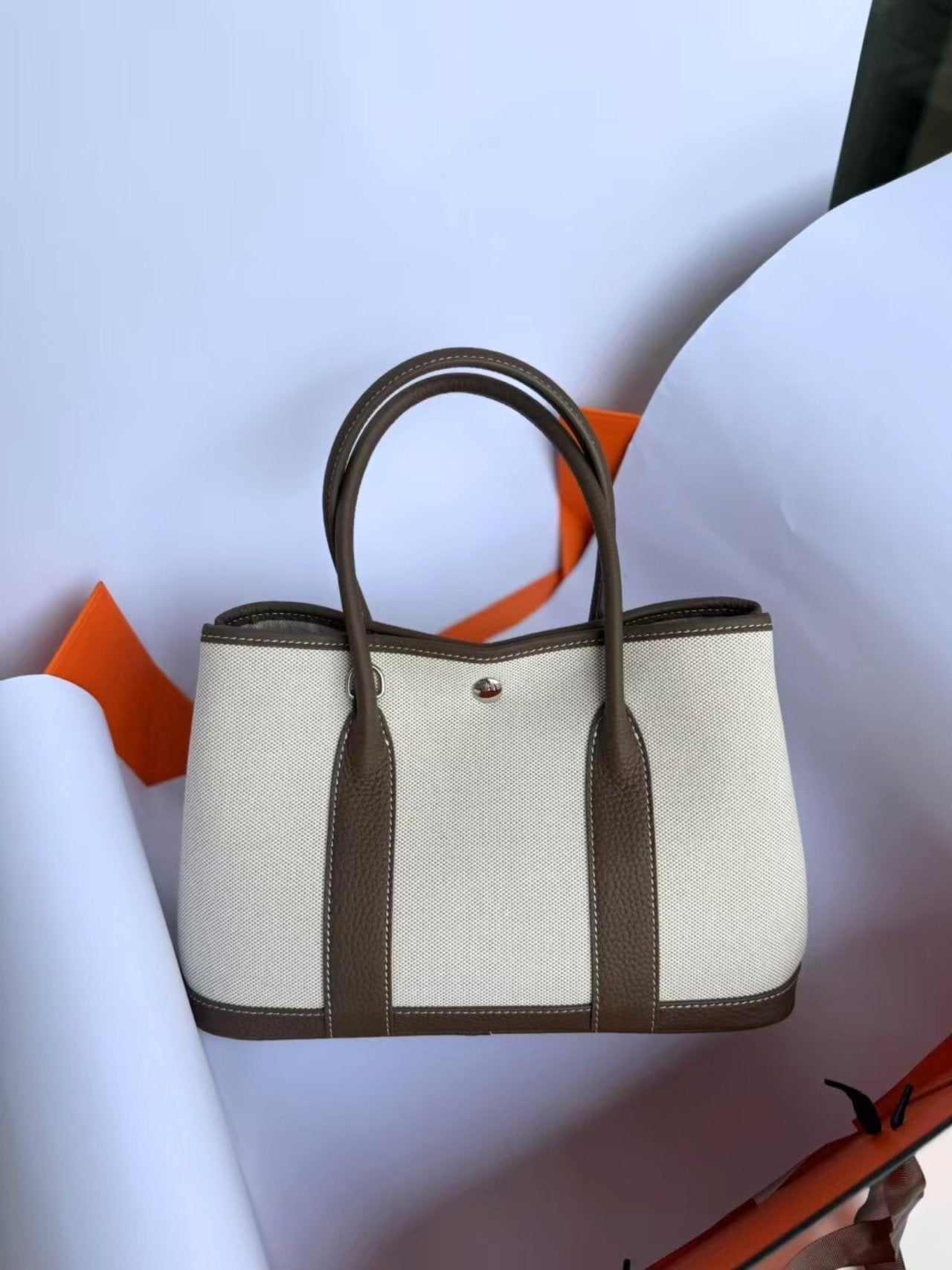 Togo Leather & Canvas Tote Bag Medium | Garden Style Shoulder Bag with Strap | Luxury Everyday Tote 30