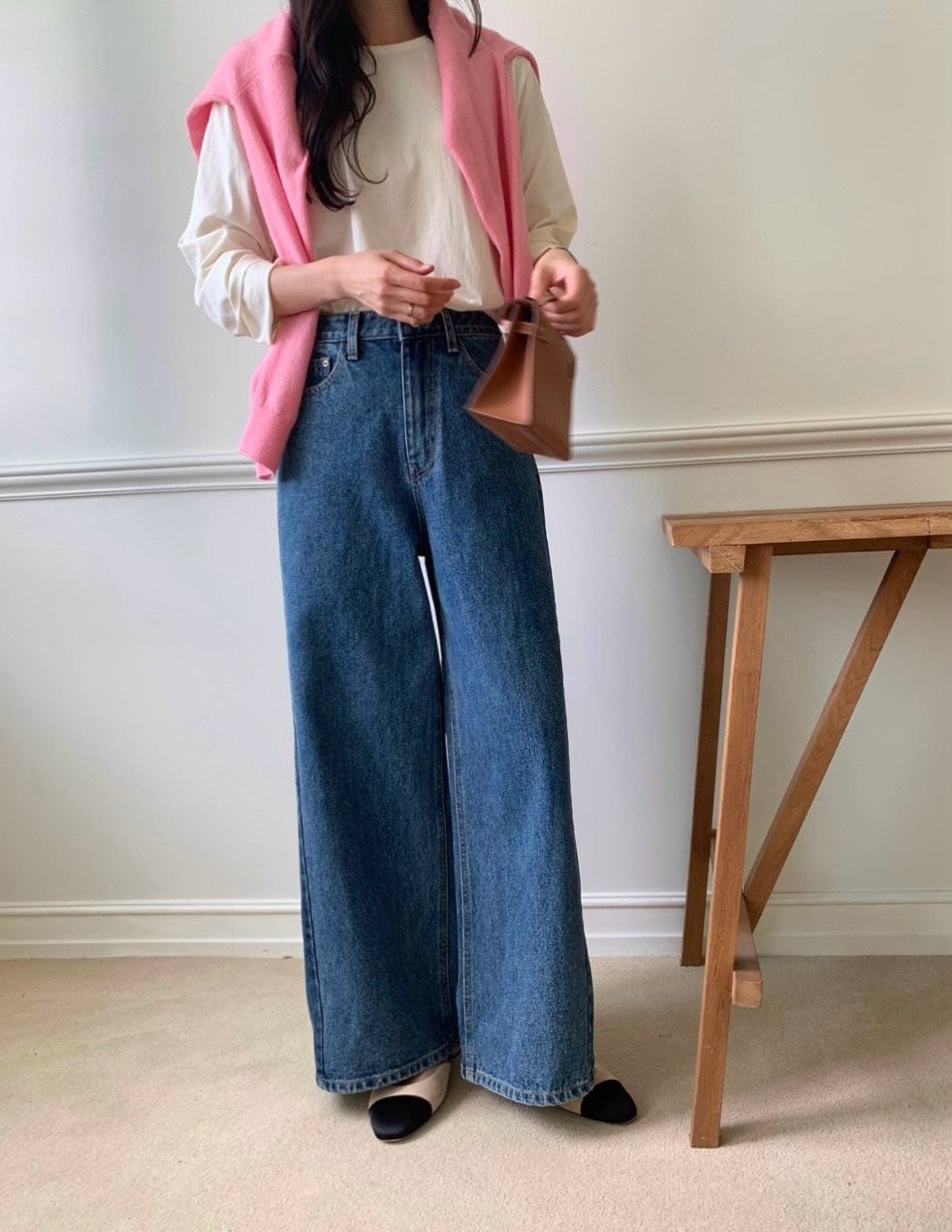 럭키룸 기모투톤배색진청 데님팬츠