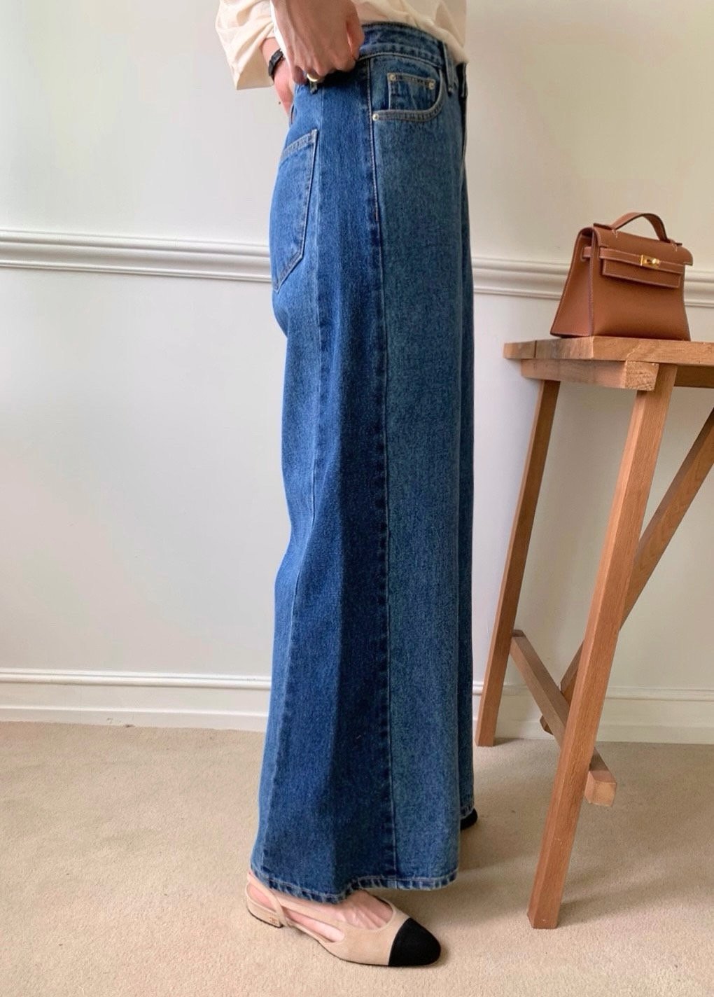 럭키룸 기모투톤배색진청 데님팬츠