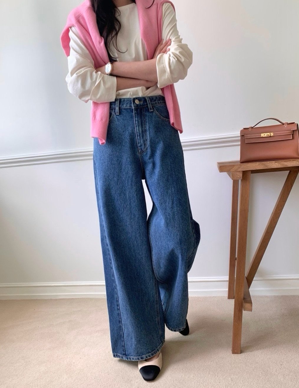 럭키룸 기모투톤배색진청 데님팬츠