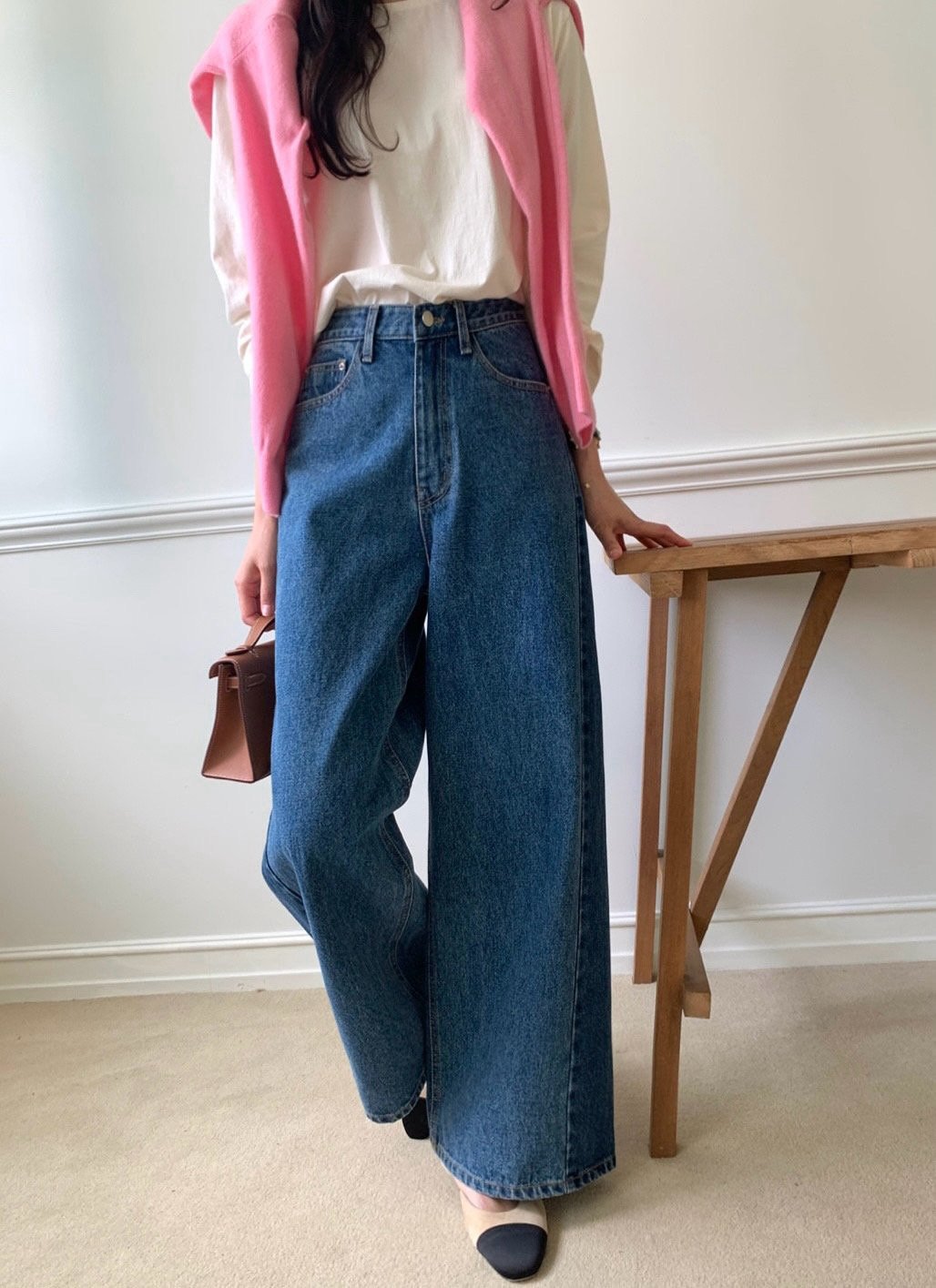 럭키룸 기모투톤배색진청 데님팬츠