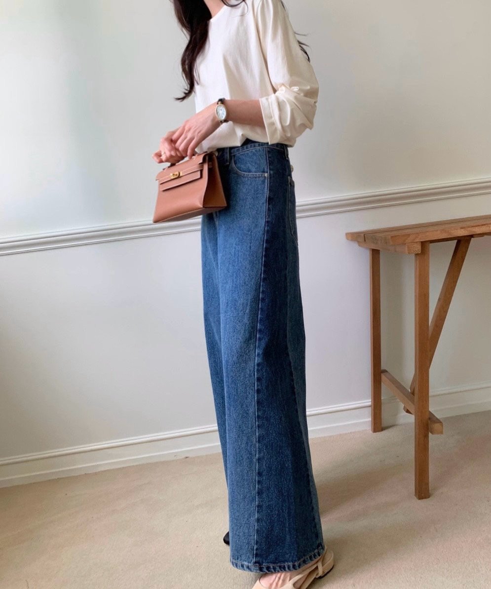 럭키룸 기모투톤배색진청 데님팬츠