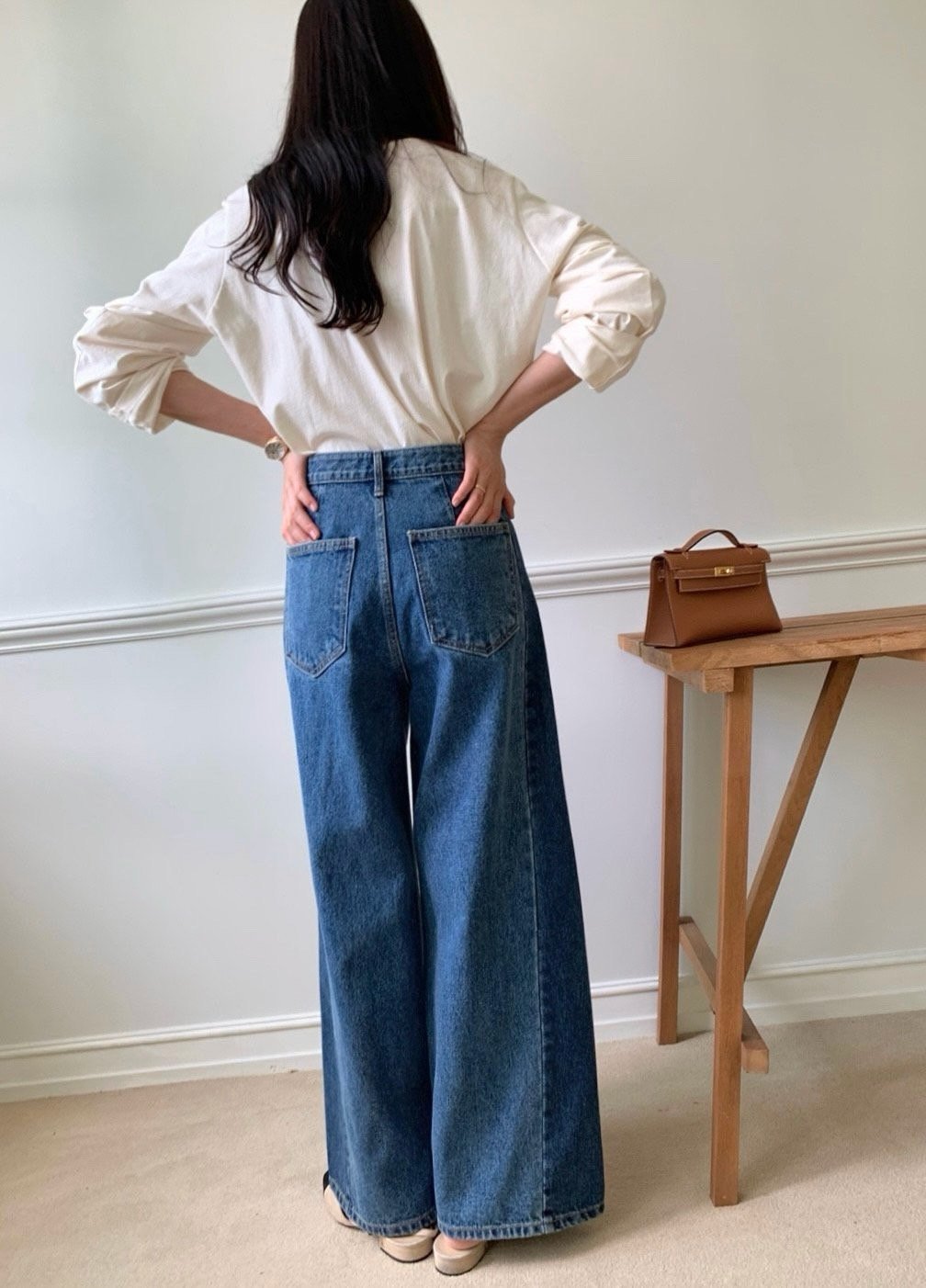 럭키룸 기모투톤배색진청 데님팬츠