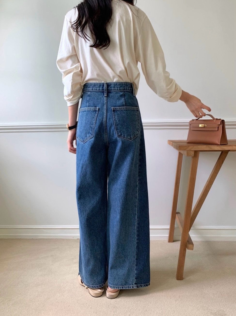 럭키룸 기모투톤배색진청 데님팬츠